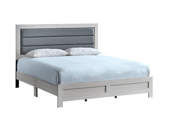 English Elm Plano King Bed Faux Leather Padded Headboard Wood Grain Laminate Frame Bedroom Beige B078P498694