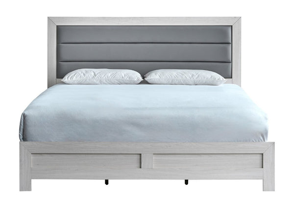 English Elm Plano King Bed Faux Leather Padded Headboard Wood Grain Laminate Frame Bedroom Beige B078P498694
