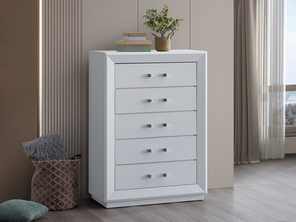 English Elm Mars Five Drawer Chest with Chrome Lucite Hardware and White Lacquer Glam Bedroom Finish B078P532714