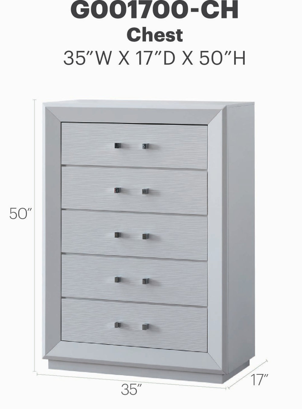 English Elm Mars Five Drawer Chest with Chrome Lucite Hardware and White Lacquer Glam Bedroom Finish B078P532714
