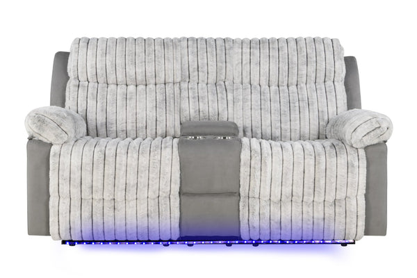 English Elm Plush Manual Reclining Loveseat Teddy Fabric Faux Leather with Led Base Lighting B078P537198