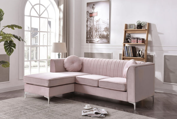 English Elm Delray Velvet Sectional Sofa Chaise with Channel Quilting and Gleaming Chrome Legs B078S00083