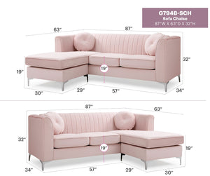 English Elm Delray Velvet Sectional Sofa Chaise with Channel Quilting and Gleaming Chrome Legs B078S00083