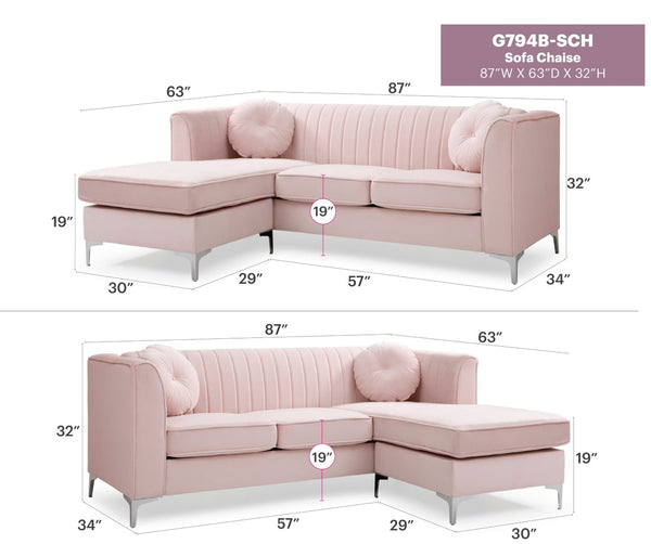 English Elm Delray Velvet Sectional Sofa Chaise with Channel Quilting and Gleaming Chrome Legs B078S00083