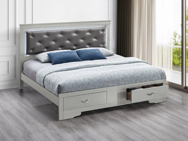 English Elm Lorana King Bed Jeweled Tufted Faux Leather Headboard LED Glow Storage Drawers Champagne B078S00718