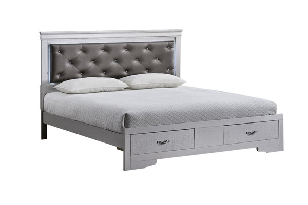 English Elm Lorana King Bed Jeweled Tufted Faux Leather Headboard LED Glow Storage Drawers Champagne B078S00718