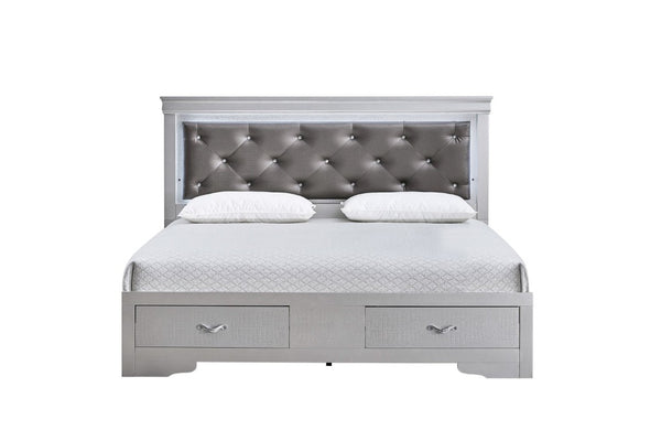 English Elm Lorana King Bed Jeweled Tufted Faux Leather Headboard LED Glow Storage Drawers Champagne B078S00718