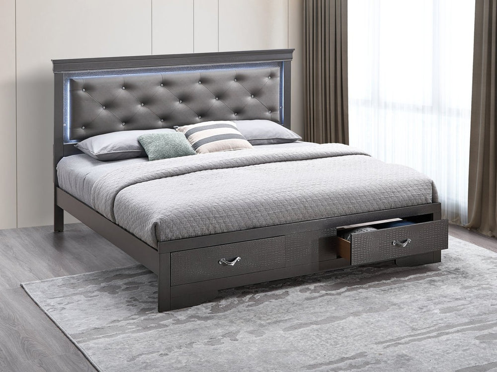 English Elm Lorana Glam Full Bed Jeweled Tufted Headboard Led Lighting Faux Leather Storage Gray B078S00721