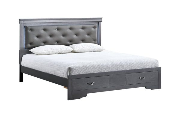 English Elm Lorana Glam Full Bed Jeweled Tufted Headboard Led Lighting Faux Leather Storage Gray B078S00721