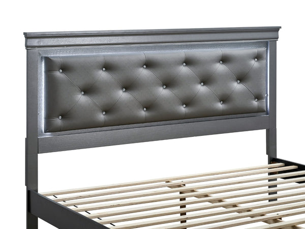 English Elm Lorana Glam Full Bed Jeweled Tufted Headboard Led Lighting Faux Leather Storage Gray B078S00721