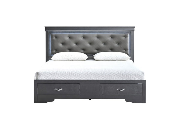 English Elm Lorana King Bed Jeweled Tufted Faux Leather Headboard LED Glow Storage Drawers Gray B078S00722
