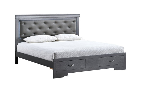 English Elm Lorana King Bed Jeweled Tufted Faux Leather Headboard LED Glow Storage Drawers Gray B078S00722