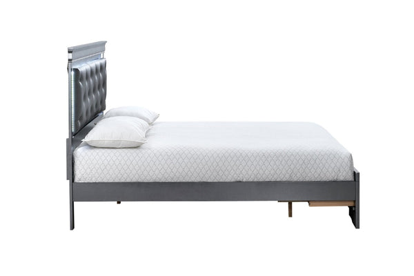 English Elm Lorana King Bed Jeweled Tufted Faux Leather Headboard LED Glow Storage Drawers Gray B078S00722