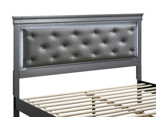 English Elm Lorana King Bed Jeweled Tufted Faux Leather Headboard LED Glow Storage Drawers Gray B078S00722
