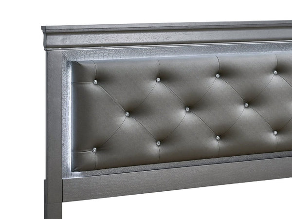 English Elm Lorana King Bed Jeweled Tufted Faux Leather Headboard LED Glow Storage Drawers Gray B078S00722