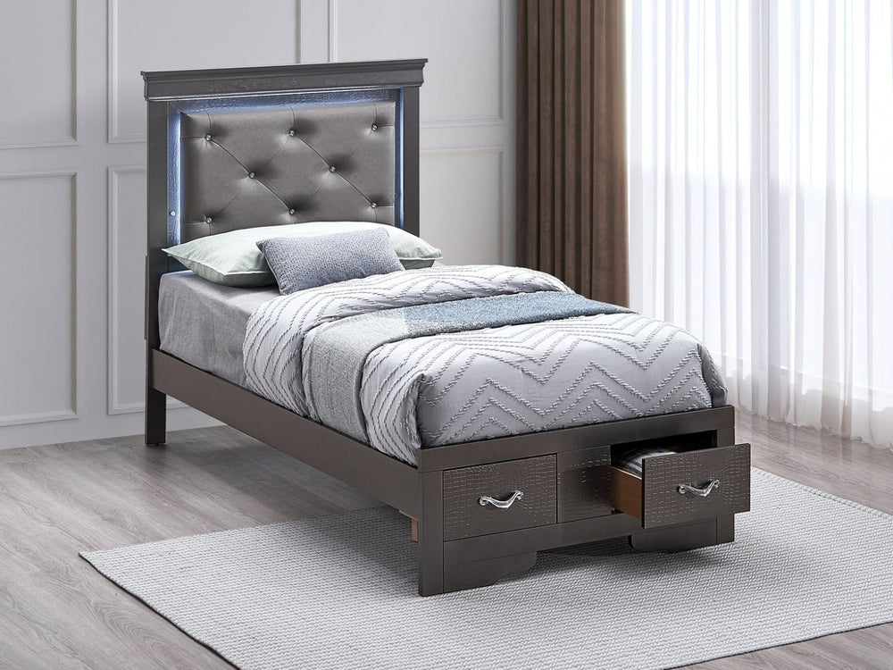 English Elm Lorana Twin Storage Bed Jeweled Tufted Headboard with Led Trim Glam Bedroom Gray B078S00724