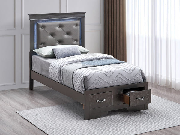 English Elm Lorana Twin Storage Bed Jeweled Tufted Headboard with Led Trim Glam Bedroom Gray B078S00724