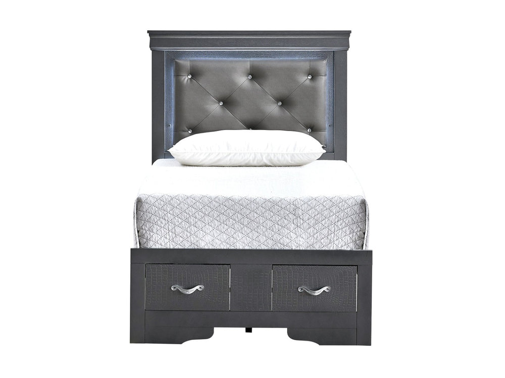 English Elm Lorana Twin Storage Bed Jeweled Tufted Headboard with Led Trim Glam Bedroom Gray B078S00724
