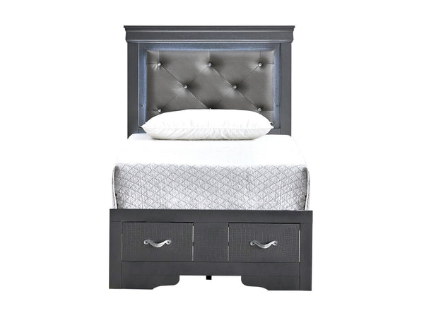 English Elm Lorana Twin Storage Bed Jeweled Tufted Headboard with Led Trim Glam Bedroom Gray B078S00724