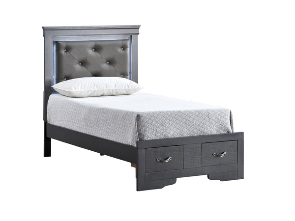 English Elm Lorana Twin Storage Bed Jeweled Tufted Headboard with Led Trim Glam Bedroom Gray B078S00724