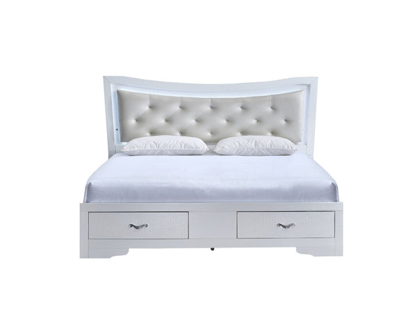 English Elm Lorana Queen Bed Glam Faux Leather Jeweled Tufted Headboard with LED Trim Storage B078S00727