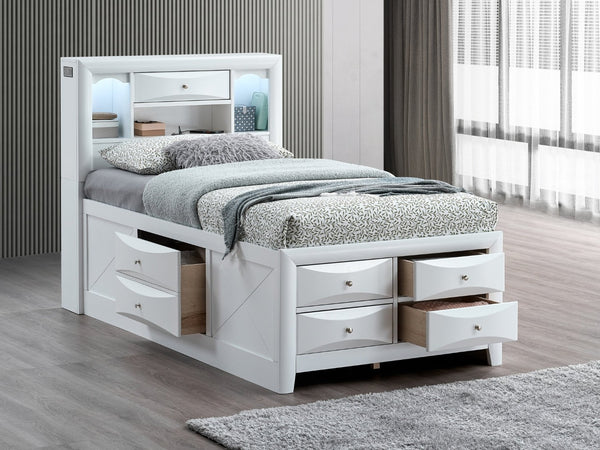 English Elm Marilla Twin Platform Bed Bookcase Headboard Built-in Speakers Charging Storage Drawers White B078S00736