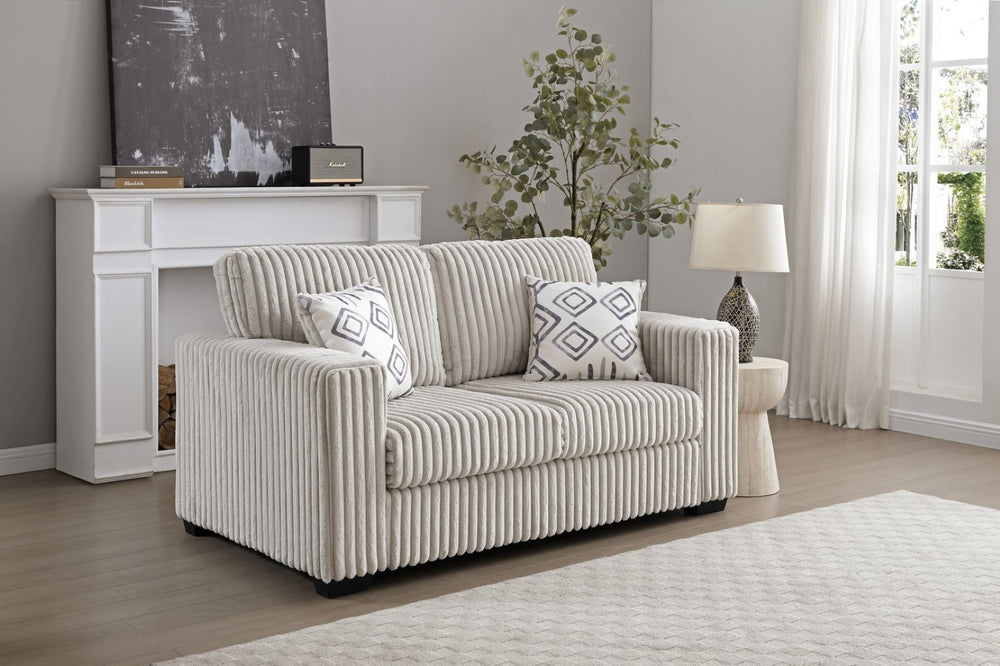 English Elm Teddy Wide-wale Plush Loveseat with Loose Cushions and Throw Pillows for Cozy Living Ivory B078S00744
