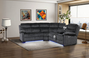 English Elm Plush Sectional with Led Underlighting Teddy Fabric Faux Leather Media Room Recliner Black B078S00756