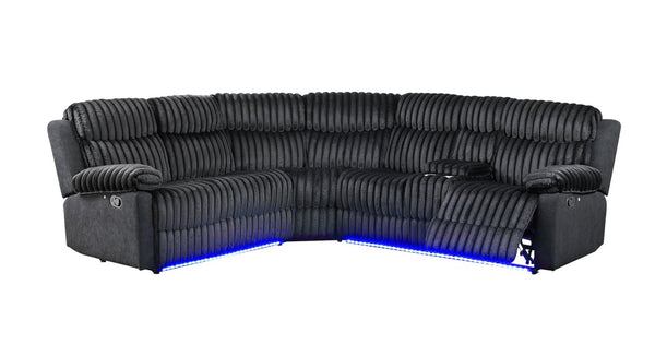 English Elm Plush Sectional with Led Underlighting Teddy Fabric Faux Leather Media Room Recliner Black B078S00756