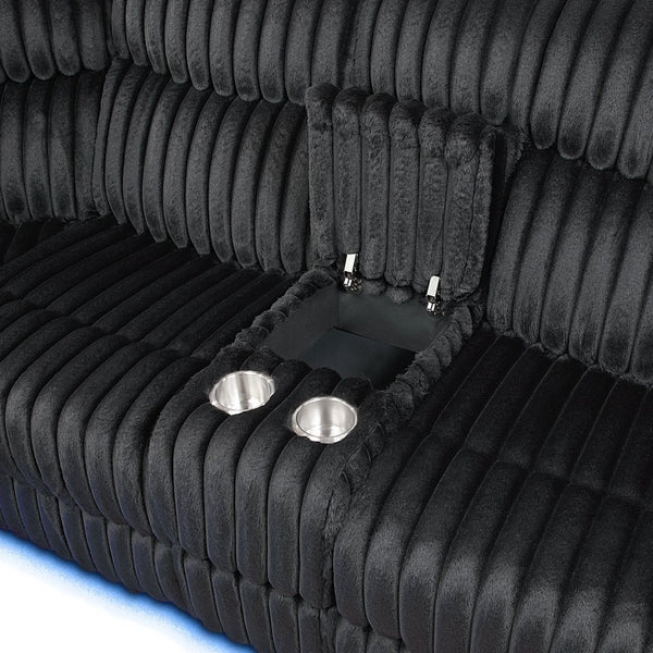 English Elm Plush Sectional with Led Underlighting Teddy Fabric Faux Leather Media Room Recliner Black B078S00756