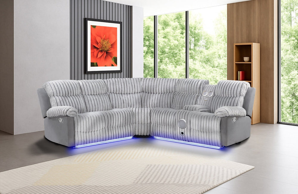 English Elm Plush Sectional with Led Underlighting Teddy Fabric Faux Leather Media Room Recliner Gray B078S00757
