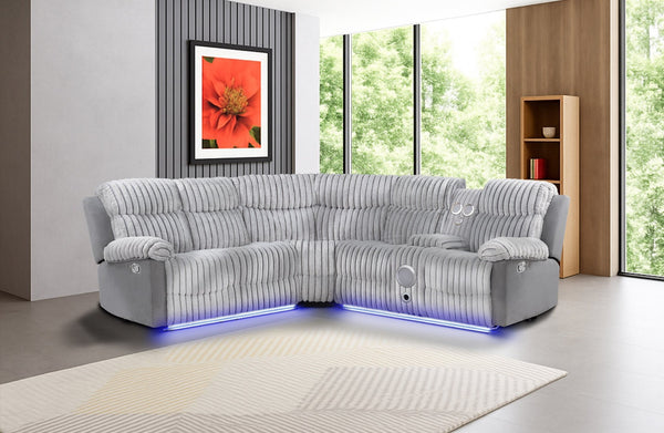 English Elm Plush Sectional with Led Underlighting Teddy Fabric Faux Leather Media Room Recliner Gray B078S00757