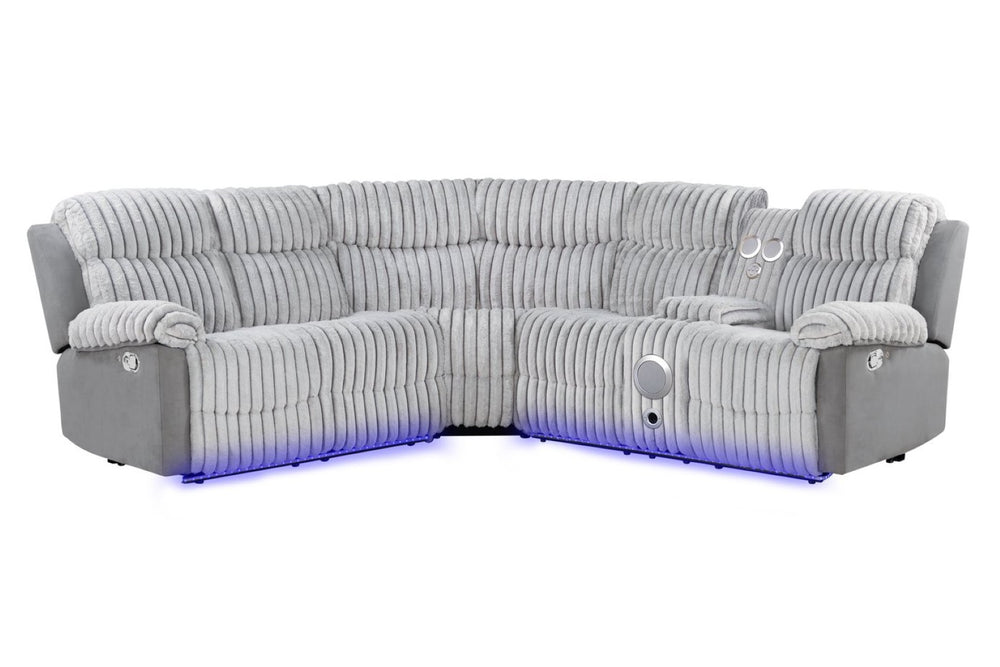 English Elm Plush Sectional with Led Underlighting Teddy Fabric Faux Leather Media Room Recliner Gray B078S00757