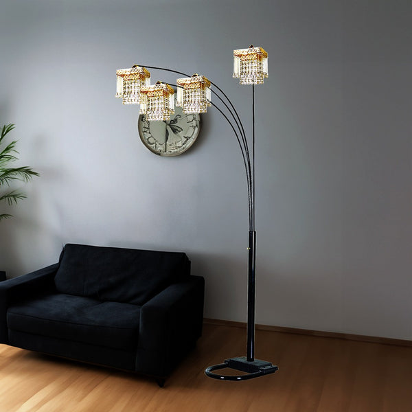 English Elm Black Four Arm Arc Floor Lamp with Crystal Adorned Shades for Living Room Ambiance B080P306247