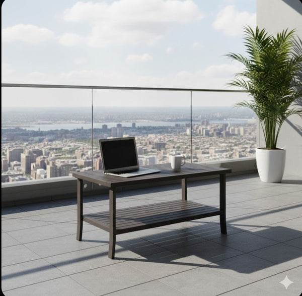 English Elm 37" Rectangular Two-tier Steel Outdoor Coffee Table with Open Shelf for Patio Decks B082P455159