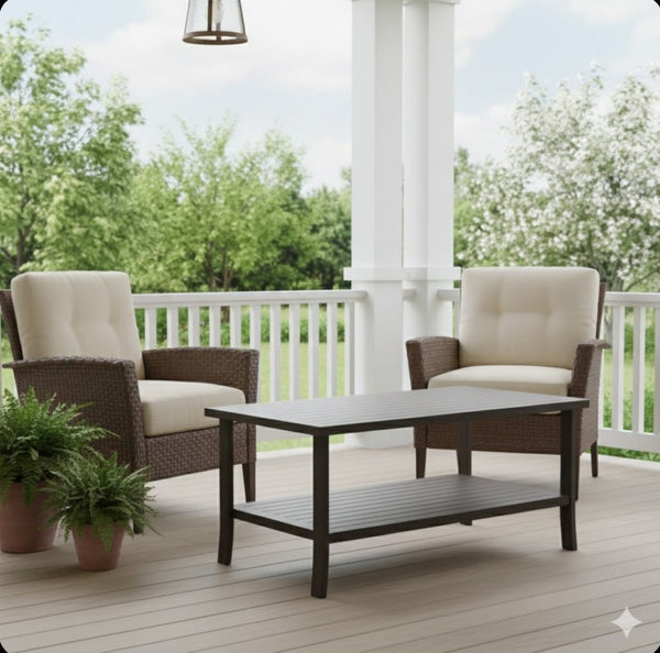 English Elm 37" Rectangular Two-tier Steel Outdoor Coffee Table with Open Shelf for Patio Decks B082P455159