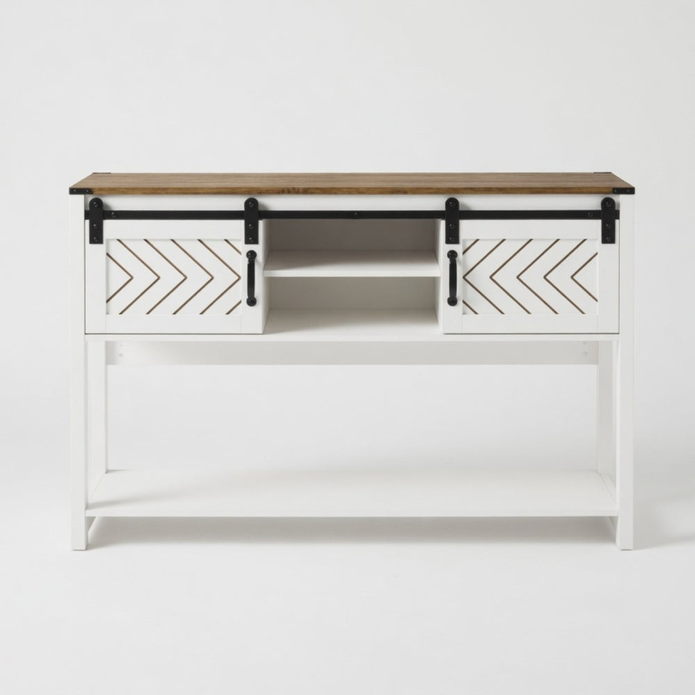 English Elm 46" Farmhouse Console Table Herringbone Barn Door Storage Entryway Organizer White+Oak B082P514958