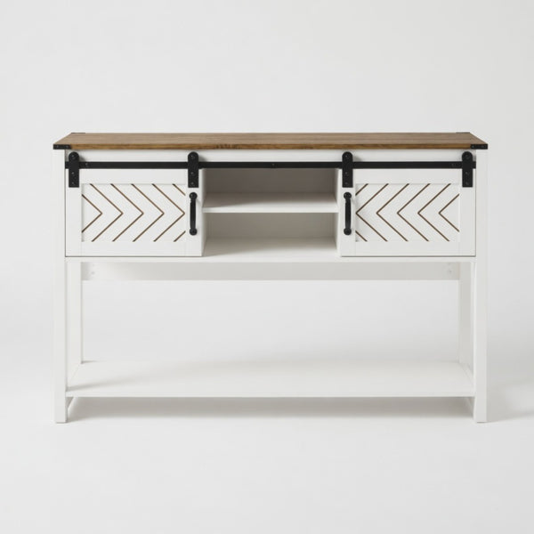 English Elm 46" Farmhouse Console Table Herringbone Barn Door Storage Entryway Organizer White+Oak B082P514958