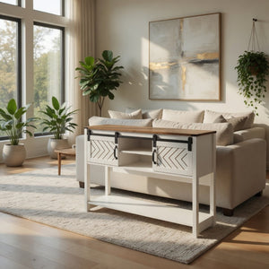 English Elm 46" Farmhouse Console Table Herringbone Barn Door Storage Entryway Organizer White+Oak B082P514958