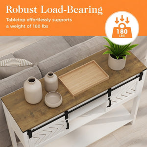 English Elm 46" Farmhouse Console Table Herringbone Barn Door Storage Entryway Organizer White+Oak B082P514958