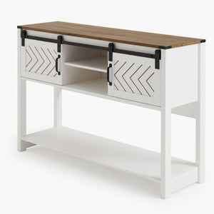 English Elm 46" Farmhouse Console Table Herringbone Barn Door Storage Entryway Organizer White+Oak B082P514958