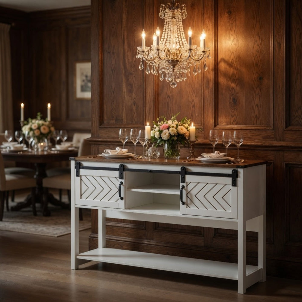 English Elm 46" Farmhouse Console Table Herringbone Barn Door Storage Entryway Organizer White+Oak B082P514958