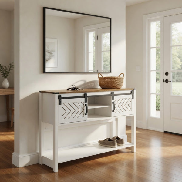 English Elm 46" Farmhouse Console Table Herringbone Barn Door Storage Entryway Organizer White+Oak B082P514958