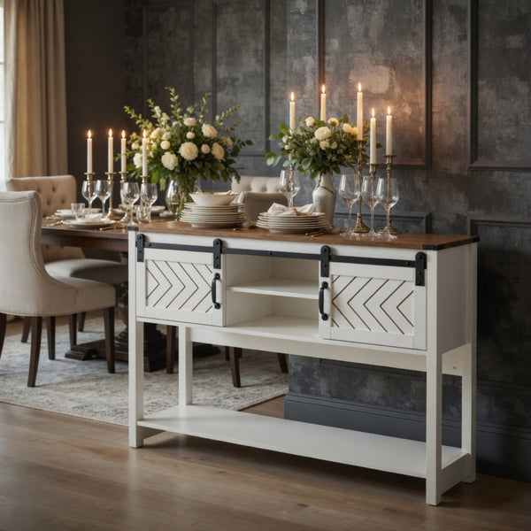 English Elm 46" Farmhouse Console Table Herringbone Barn Door Storage Entryway Organizer White+Oak B082P514958