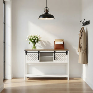 English Elm 46" Farmhouse Console Table Herringbone Barn Door Storage Entryway Organizer White+Oak B082P514958