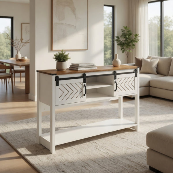 English Elm 46" Farmhouse Console Table Herringbone Barn Door Storage Entryway Organizer White+Oak B082P514958