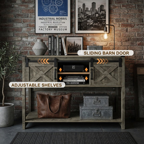 English Elm 46" Farmhouse Console Table Herringbone Barn Door Foyer Storage Organizer Light Grey B082P514959