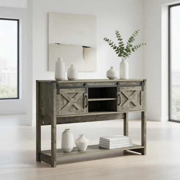 English Elm 46" Farmhouse Console Table Herringbone Barn Door Foyer Storage Organizer Light Grey B082P514959