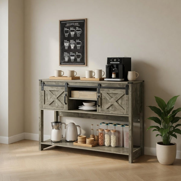 English Elm 46" Farmhouse Console Table Herringbone Barn Door Foyer Storage Organizer Light Grey B082P514959