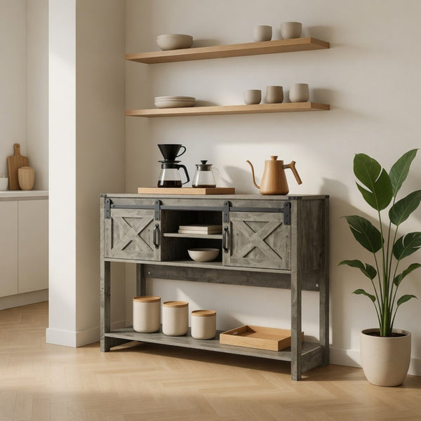 English Elm 46" Farmhouse Console Table Herringbone Barn Door Foyer Storage Organizer Light Grey B082P514959